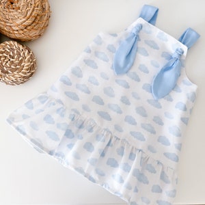 Christine Dress White with Blue Clouds Baby Girl Toddler Knot Straps image 6