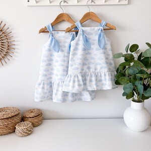 Christine Dress White with Blue Clouds Baby Girl Toddler Knot Straps image 3