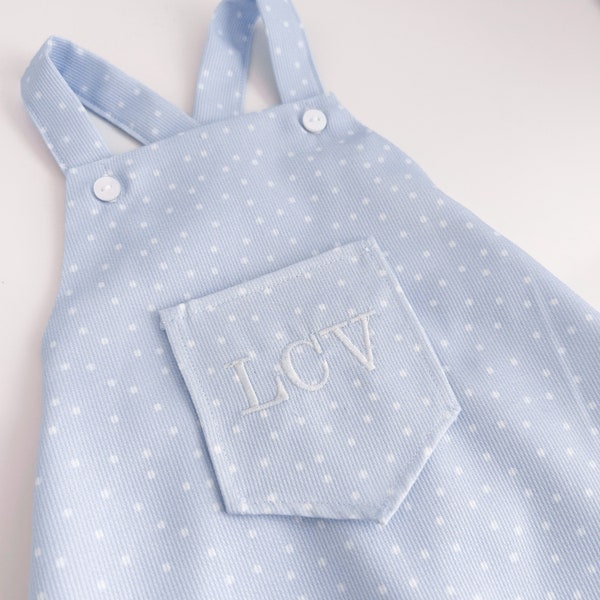 Pierre Baby Boy Overalls Custom Front Pocket Embroidered Initials Option Blue White Polka Dot Spanish Piqué Cotton Romper