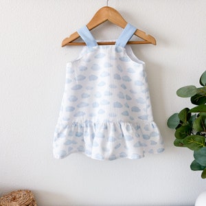 Christine Dress White with Blue Clouds Baby Girl Toddler Knot Straps image 2