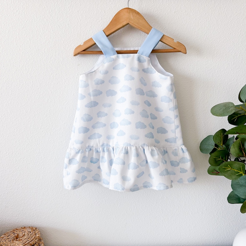 Christine Dress White with Blue Clouds Baby Girl Toddler Knot Straps image 2