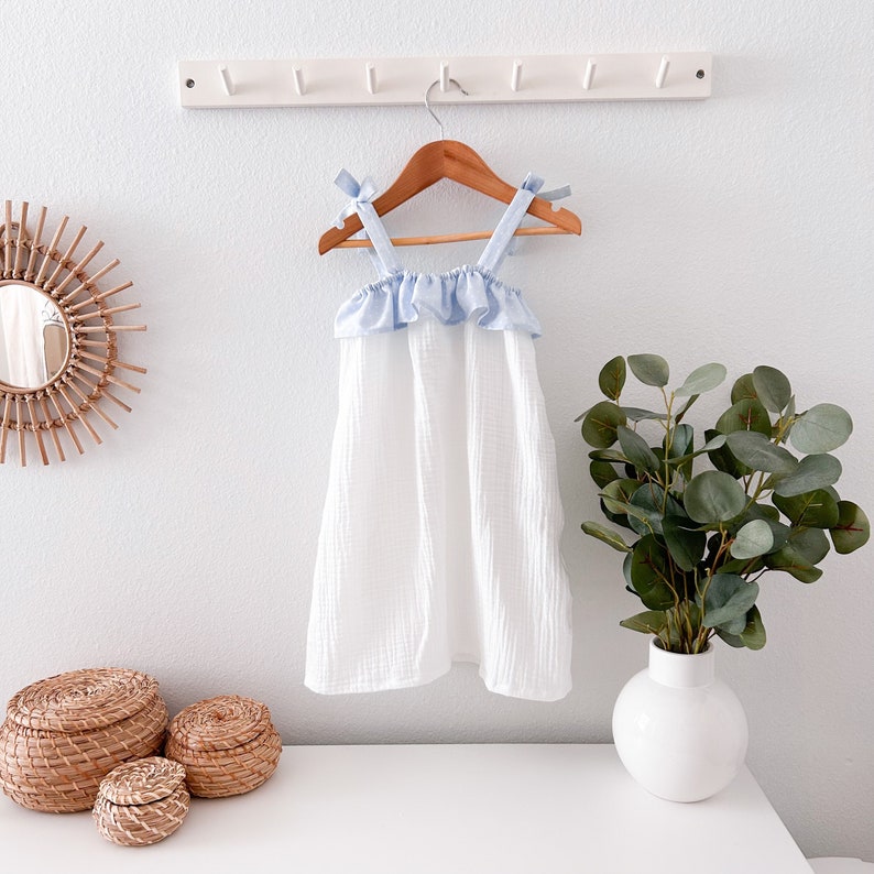 Aline Dress Baby Girl Toddler Blue White Gauze Polka Dot With Bow Straps Spanish Cotton Pique image 1