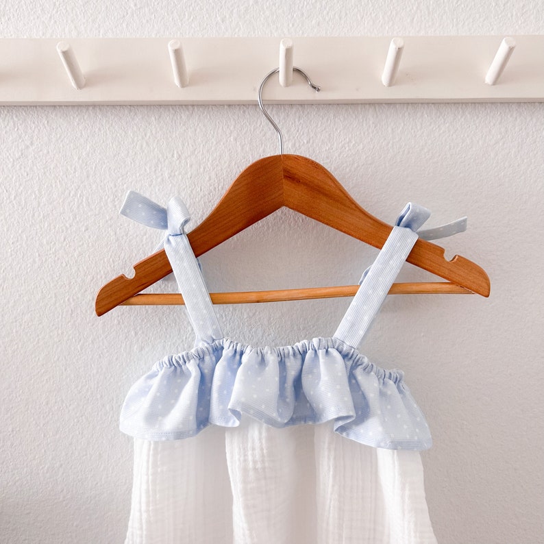 Aline Dress Baby Girl Toddler Blue White Gauze Polka Dot With Bow Straps Spanish Cotton Pique image 7