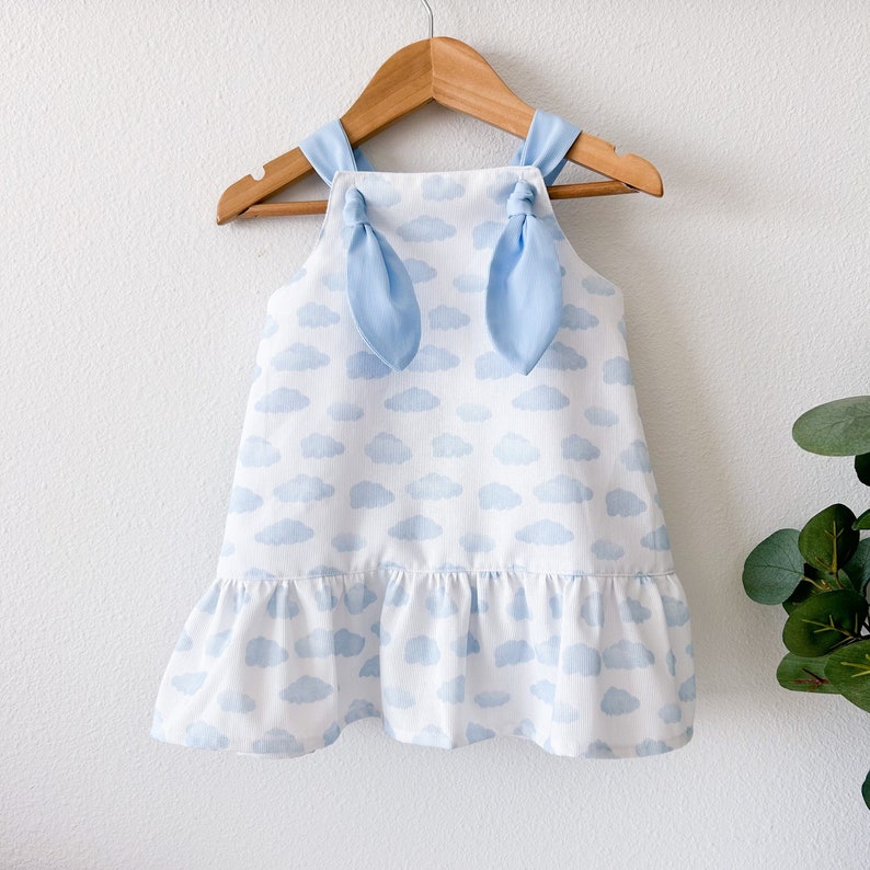 Christine Dress White with Blue Clouds Baby Girl Toddler Knot Straps image 9