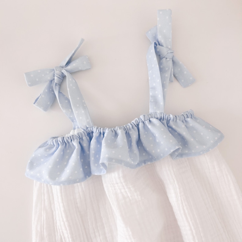 Aline Dress Baby Girl Toddler Blue White Gauze Polka Dot With Bow Straps Spanish Cotton Pique image 2