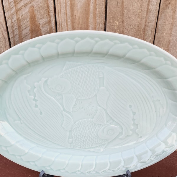 Celadon Green Gold Fish Serving Platter 14" Embossed Dinnerware