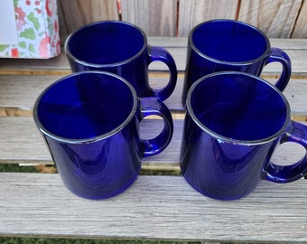 4 Vintage Cobalt Blue Glass Cup Mugs Made in the USA Coffee Tea VG