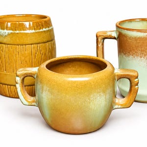 Vintage Frankoma Pottery Set of 3 Mugs and Sugar Bowl Brown Green Stoneware USA