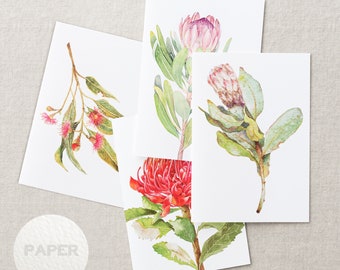 Australian native watercolour greeting cards | Protea Waratah Red Flowering Gum Eucalyptus | A6 card art print invitation