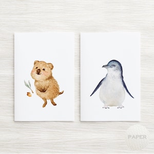 Aussie Animals Native Fauna Watercolour Greeting cards | Quokka, Little Penguin | A6 card art print invitation
