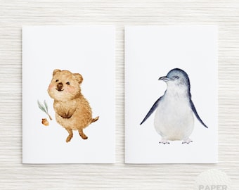 Aussie Animals Native Fauna Watercolour Greeting cards | Quokka, Little Penguin | A6 card art print invitation