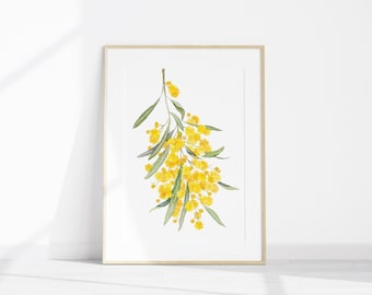 May include: A framed watercolor painting of a branch of yellow mimosa flowers with green leaves. The flowers are clustered together in a cascading pattern.