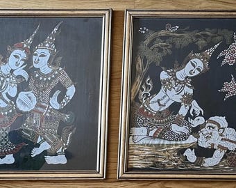 Pair of batik paintings painted on silk, Thai origin