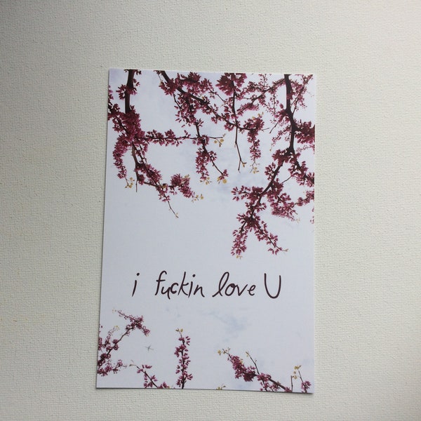 I fuckin' love u - recycled postcard for best friends with Texas redbud flowers