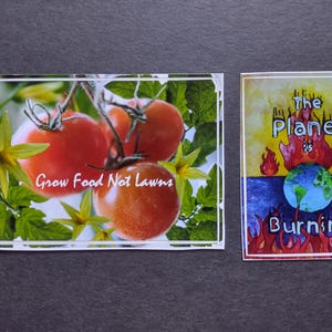 May include: Two stickers with a message about growing food and the planet. The first sticker shows a close-up of red tomatoes growing on a vine with green leaves and yellow flowers. The text on the sticker reads "Grow Food Not Lawns". The second sticker shows a cartoon image of the Earth on fire with the text "The Planet is Burning".