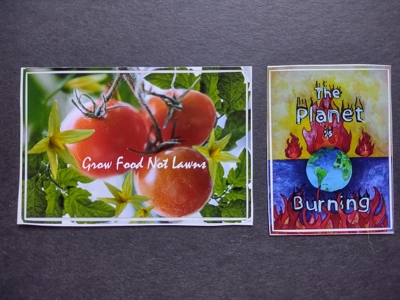 May include: Two stickers with a message about growing food and the planet. The first sticker shows a close-up of red tomatoes growing on a vine with green leaves and yellow flowers. The text on the sticker reads "Grow Food Not Lawns". The second sticker shows a cartoon image of the Earth on fire with the text "The Planet is Burning".