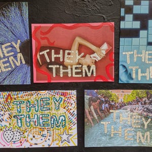 Cartes postales pronoms They/Them, cartes postales de collage de pronoms uniques en leur genre avec des lettres de page de livre h*rry p*tter découpées à la main, uniques et faites main