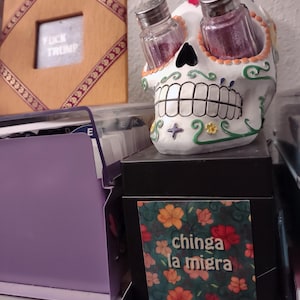Puede incluir: Un juego de salero y pimentero de calavera de az&uacute;car blanca con un dise&ntilde;o floral. La calavera tiene un dise&ntilde;o floral verde y amarillo y un coraz&oacute;n rojo en la frente. Los saleros y pimenteros est&aacute;n en las cuencas de los ojos. La calavera est&aacute; sentada sobre una caja negra con una pegatina que dice "chinga la migra" en un dise&ntilde;o floral.