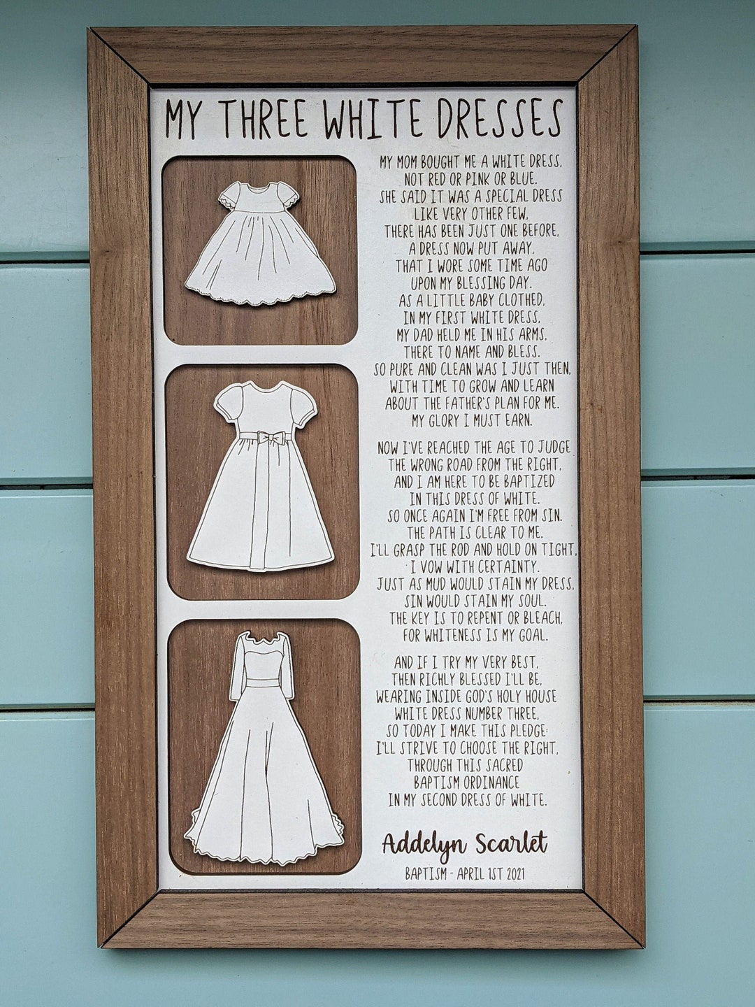 LDS Baptism Gift, 3 White Dresses Poem, Personalized Baptism Sign