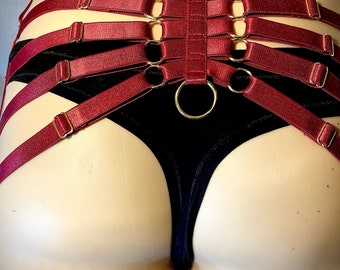 Red Satin Webbed Suspender Belt with Gold Detailing