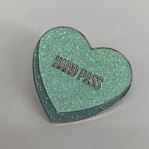 Hard Pass Blue Glitter Candy Heart Enamel Pin sarcastic Schitts Creek