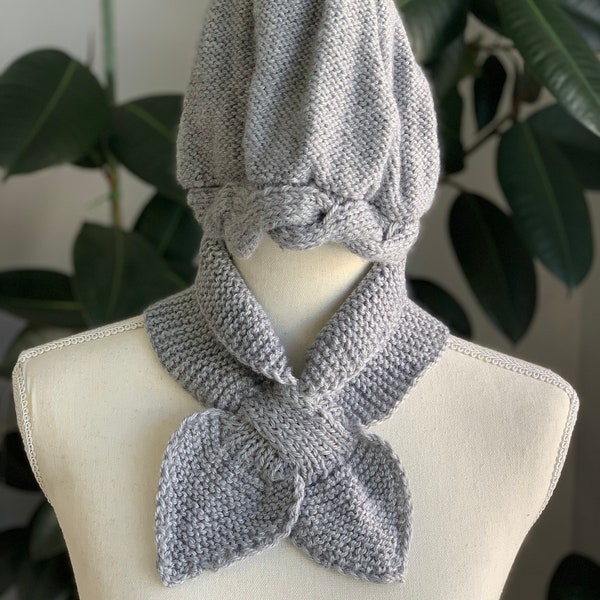 Gray Grey Ascot scarf, Keyhole knit scarf, bow tie scarf, Scarf collar, Scarf women, Cravat scarf, Neck Warmer, Gift