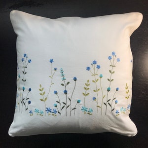 Embroidered cotton pillow cover White cushion pillowcase with blue and sky blue flower Wedding birthday easter housewarming mother gift