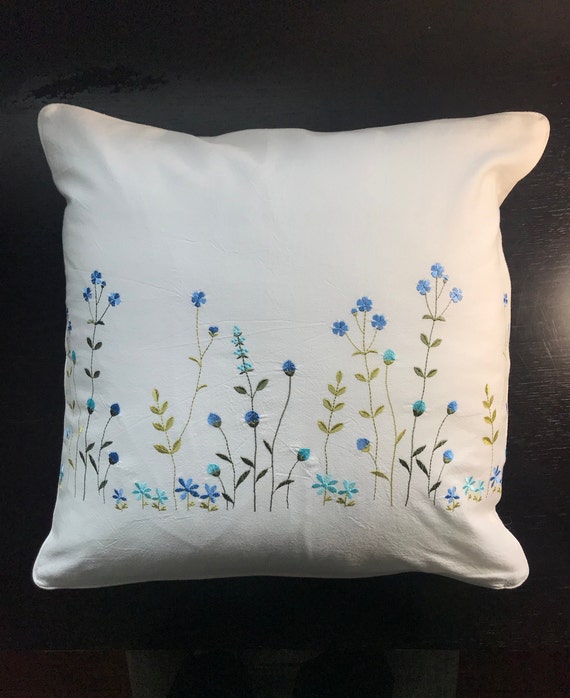 Embroidered Cotton Pillow Cover White Cushion Pillowcase With Blue