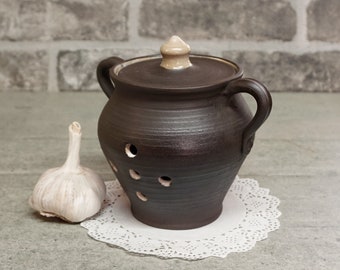 Ceramic garlic container, Pottery hand made garlic storage, Black garlic container, garlic holder, Garlic container with holes, rustic gift