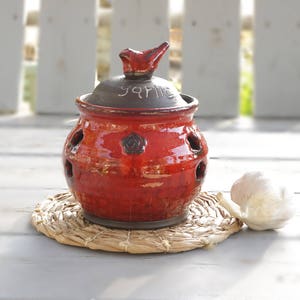 Ceramic garlic container, Pottery hand made garlic storage, Red garlic container,  garlic holder, Garlic container with holes, gift