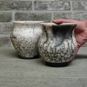 Two Naked Raku Pottery Vases, Raku Pottery, White, Black, Wheel Thrown ceramic, Set of two, Smoke Fired, Unique art , Naked raku jar, art