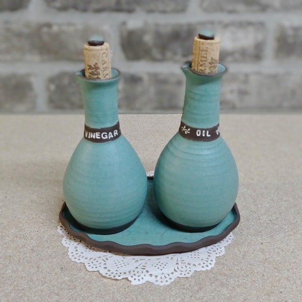 Oil and vinegar set on a tray, Ceramic MATTE turquoise oil bottle, Set of two together, Olive Oil & Balsamic, turquoise  pottery, Rustic art