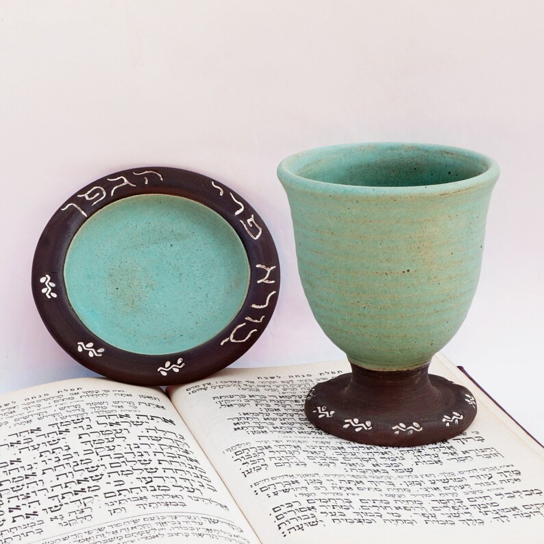 Ceramic kiddish cup, Kiddish goblet, Wine goblet, Judaical Jewish wedding gift, Pottery wine cup, MATTE blue ,Housewarming gift, sabbath image 2