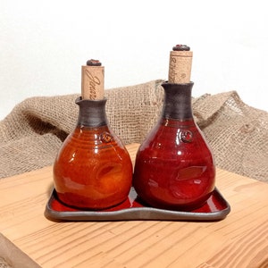 Oil and vinegar set on a tray, Ceramic oil bottle, Set of two together, Olive Oil & Balsamic, Orange pottery. Red pottery, Rustic art