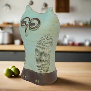 Ceramic owl decor, Pottery owl figurine, Handmade owl sculpture, Gift for him, Owl lovers gift, Symbol of wisdom, Green pottery,