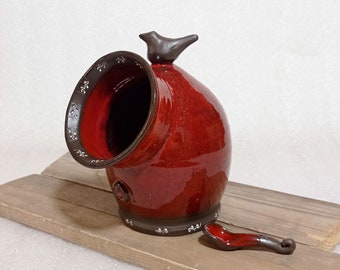Pottery Coarse salt cellar, Red container with a spoon, Salt pig, Ceramic salt dish, Container for coarse salt, Kitchen décor, Red