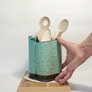 Matte blue Utensil Holder, Ceramic Utensil Crock, Square shape , Large Kitchen Organizer, Handmade Israeli pottery, 7 inches high