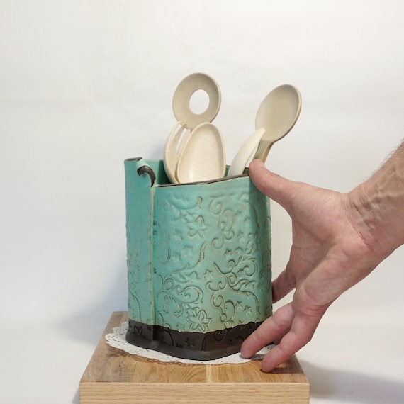 Matte Blue Utensil Holder Ceramic Utensil Crock Square Shape Etsy