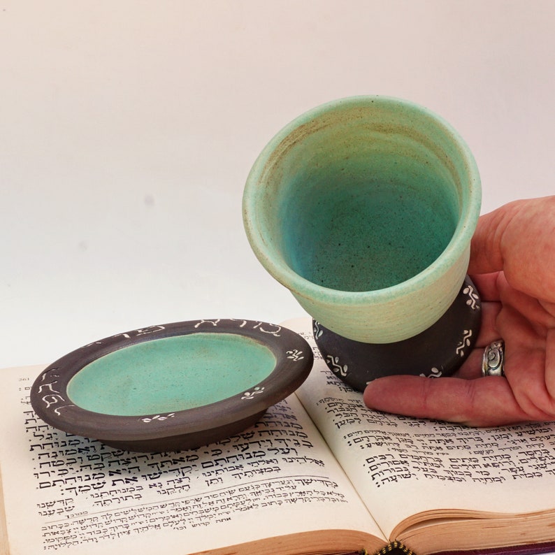 Ceramic kiddish cup, Kiddish goblet, Wine goblet, Judaical Jewish wedding gift, Pottery wine cup, MATTE blue ,Housewarming gift, sabbath image 6
