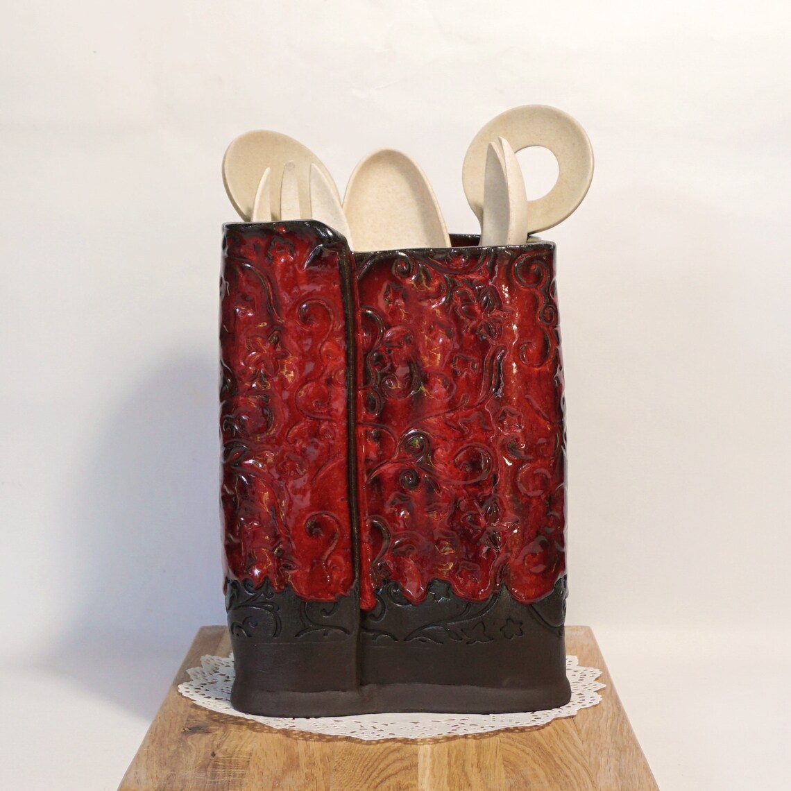 Red Utensil Holder Ceramic Utensil Crock Square Shape - Etsy