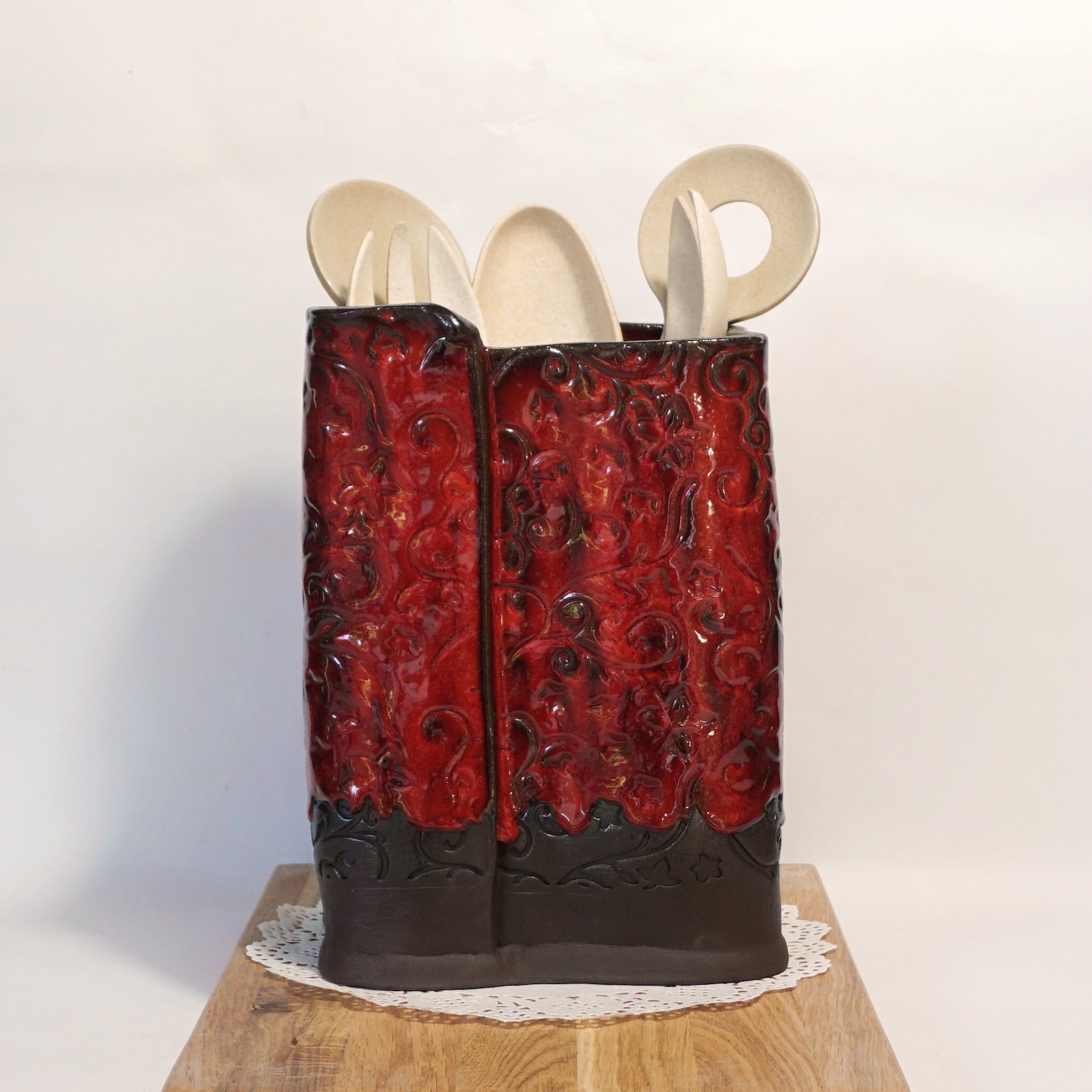 Red Utensil Holder Ceramic Utensil Crock Square Shape Etsy