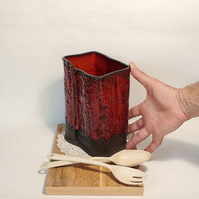 Red Utensil Holder Ceramic Utensil Crock Square Shape Etsy