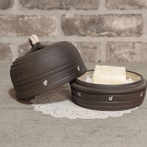 Ceramic  butter or Cheese Plate with Lid, Cheese Plate and Lid, Black wheel thrown butter dish, Covered butter  Plate, Gift idea, Rustic art