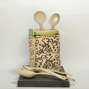 Big Utensil Holder, Ceramic Utensil Crock, Kitchen Storage Jar, Large Kitchen Organizer,  Handmade Israeli pottery, Lace pattern