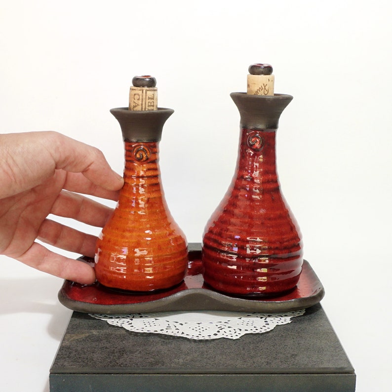 Oil and vinegar set on a tray Ceramic oil bottle Set of two Etsy