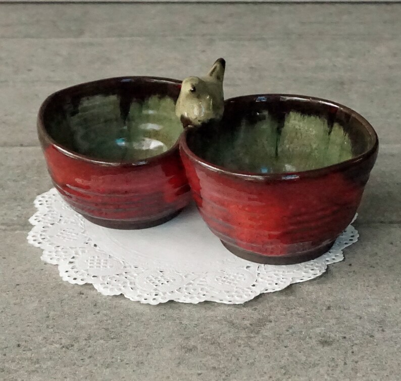 Red Ceramic Salsa Bowl Set: Double Condiment Server With Bird - Etsy