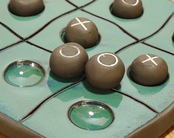 Handmade Ceramic Tic Tac Toe Game: Green & Blue Family Fun