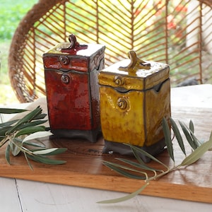 lidded square sugar container, Yellow pottery box, Yellow square lidded  dish, cotton wool container, Red ceramic box, Israeli pottery
