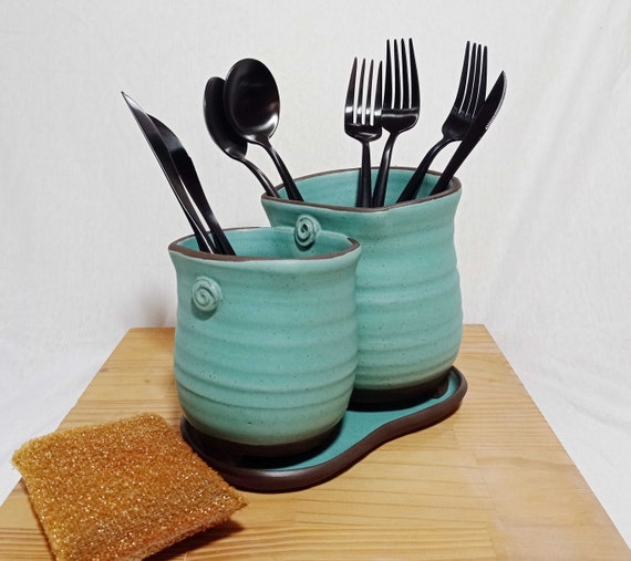 Double Cutlery Holder, Ceramic Silverware Container , Kitchen