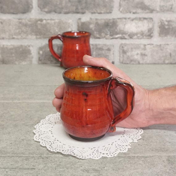 Two Red Mugs, Two Pottery Cups, Pottery Coffee Mug, 12 Oz Ceramic